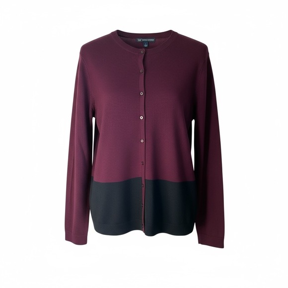 Brooks Brothers 346 Merino Wool Cardigan Sweater Womens L Burgundy Black - Picture 1 of 9
